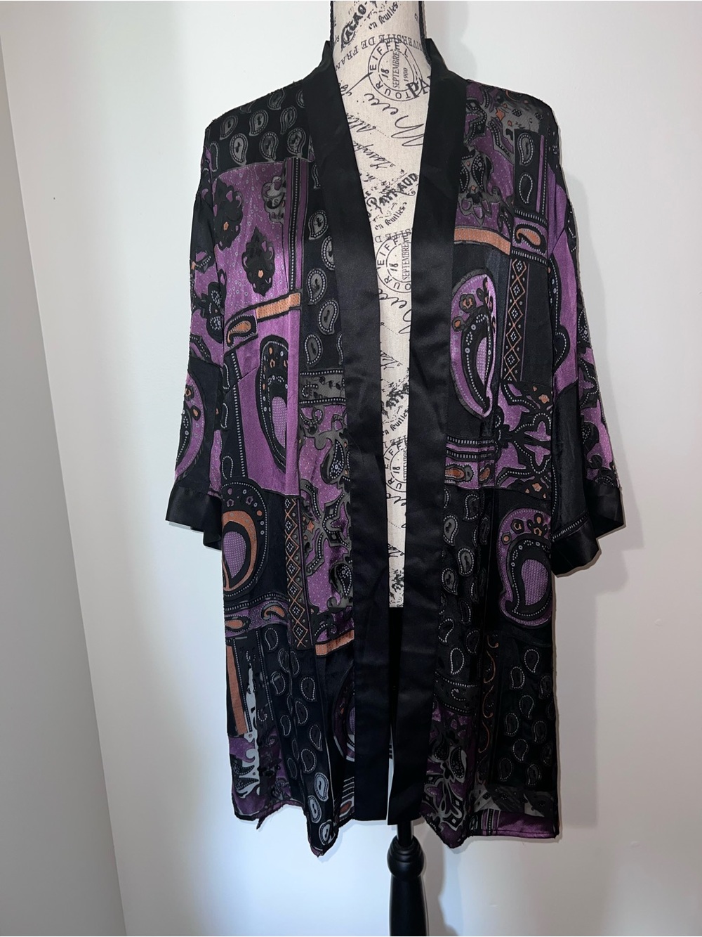 Dex Vintage Style Paisley Patchwork Kimono Duster Jacket Purple Black Size XL